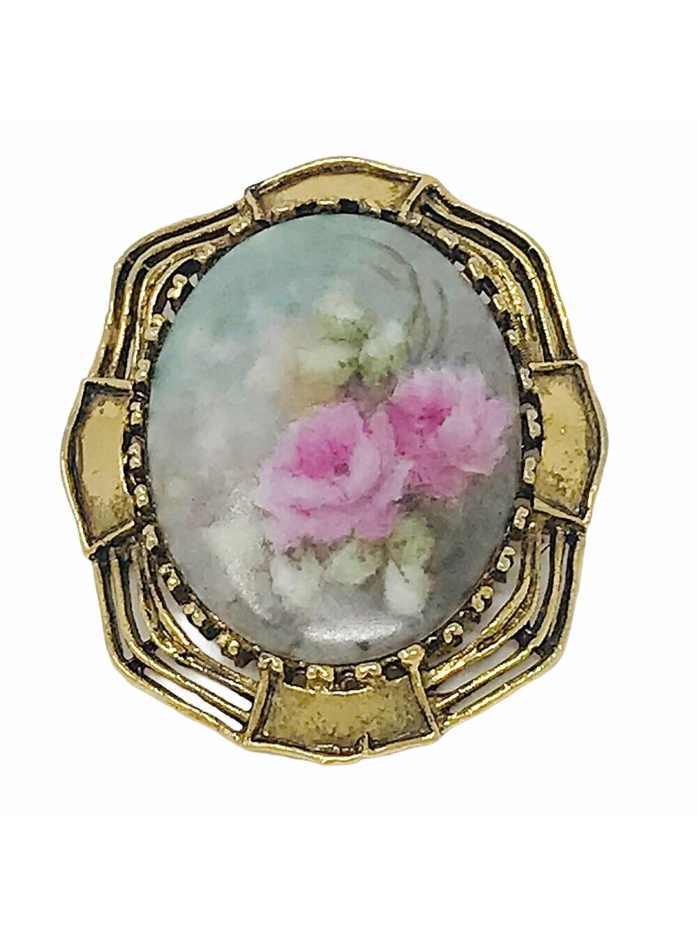 Vintage Painted Pink Rose Ceramic Pendant & Pin